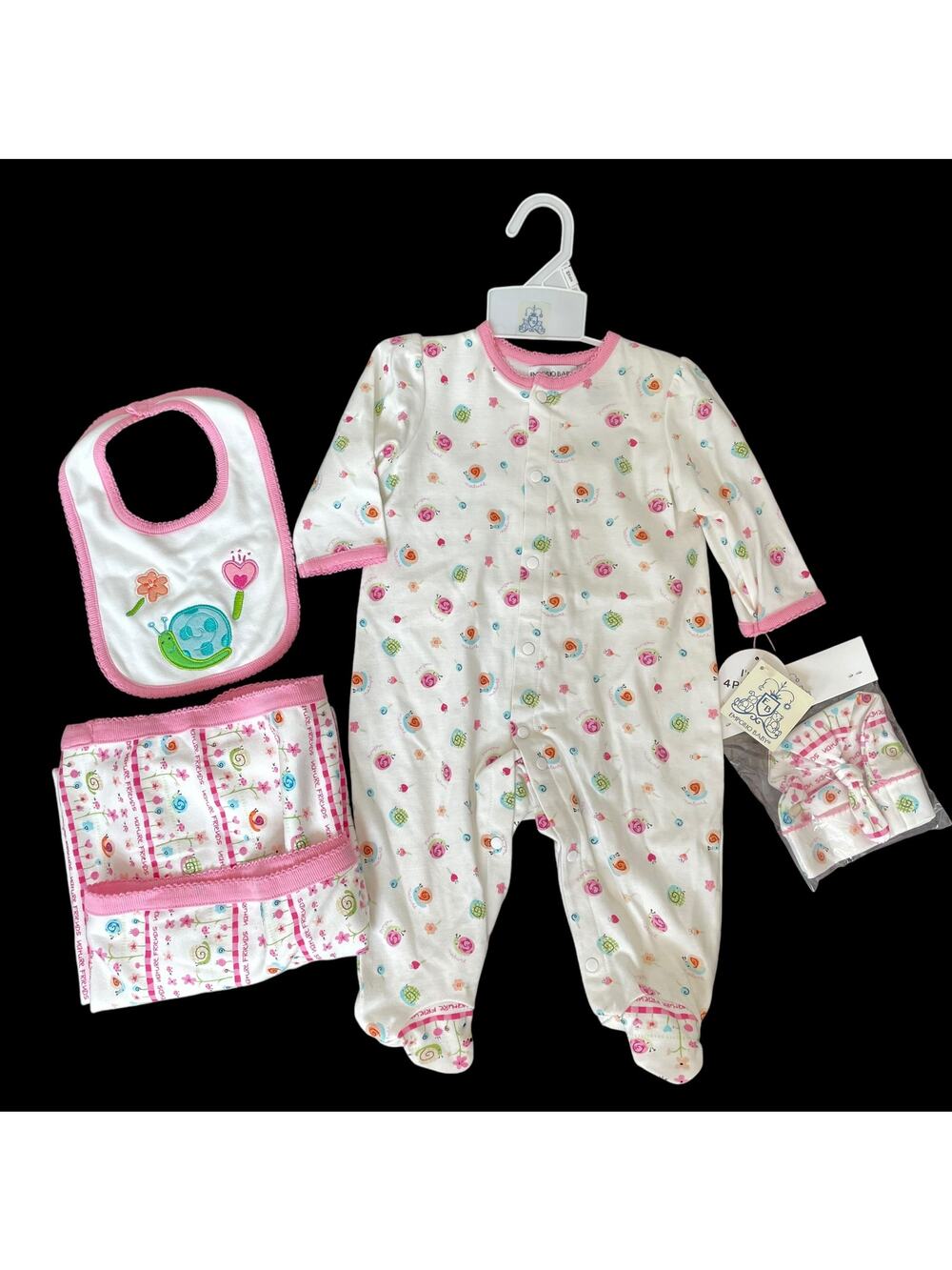 Emporio Baby Girl 4 Piece Set Footed One Piece w/ Swaddle Blanket Bib Pink NOS